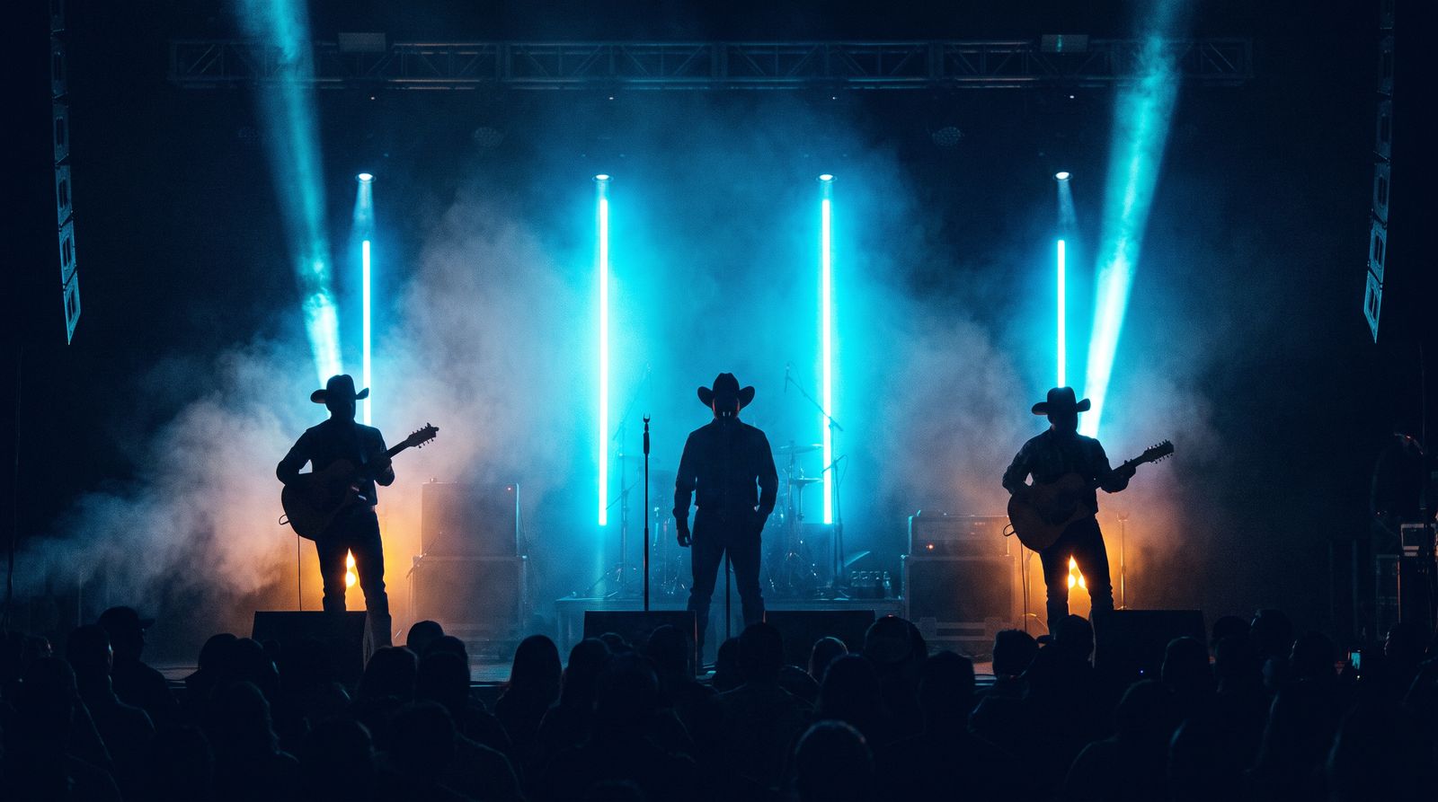 Tres músicos con sombrero vaquero en silueta sobre la tarima, con guitarra y bajo sexto, bajo haces de luz cian.