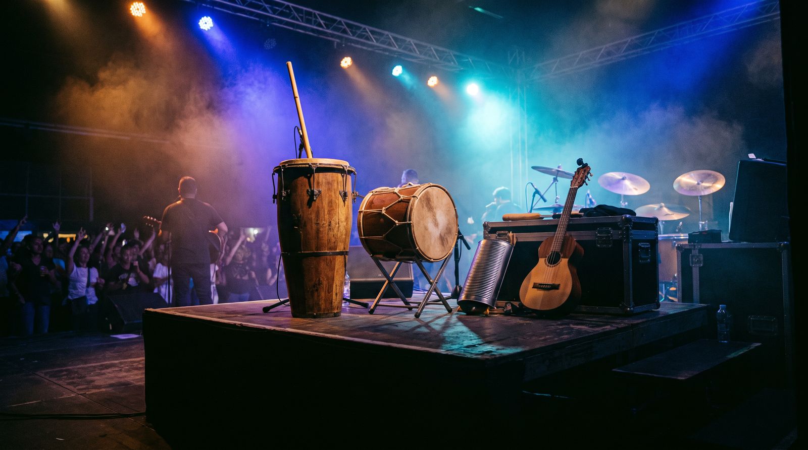 Furro, tambora, charrasca y cuatro sobre la tarima, con el público al fondo bajo haces de luz azul.